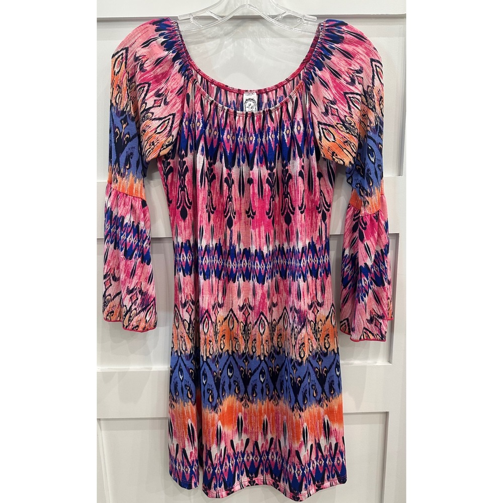 2B Together Pink Blue Ikat Print Bell Sleeve Mini Dress Small Boho OHIO-317